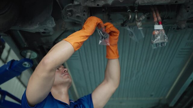 Auto technician wearing insulated gloves repairs high voltage cables under a lifted electric vehicle in a service bay, emphasizing safety and precision during maintenance.
