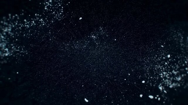 White particulate clouds drift and disperse across a nearly black atmospheric field. Film title sequence, motion graphics, and science presentation.