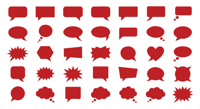 Red speech bubbles set, 35 vector chat icons, flat comic book thought bubbles, red communication callouts for social media and web design