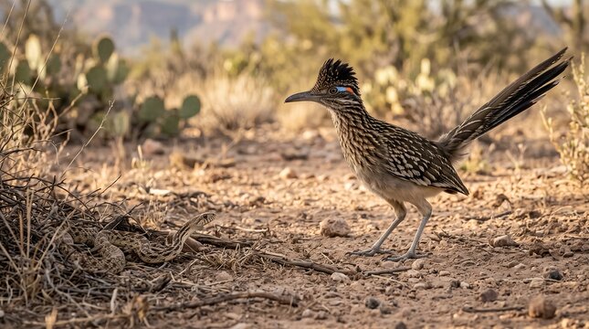 A Greater Roadrunner cautiously confronting a small desert snake, illustrating predator behavior and natural wildlife interaction.