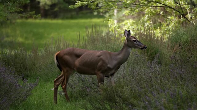 Wild deer forages in a sunlit woodland meadow among grass and purple wildflowers. Wildlife documentaries, nature education, and animal behavior programming.