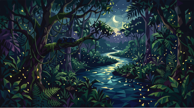 Low poly sleeping black panther on tree branch. Night jungle river moonlight fireflies vector illustration. Polygon jaguar landscape art.