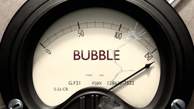 Bubble meter showing big levels of bubble. Dangerously increasing high values of bubble, critical overload. Too much, off the charts. Max bubble