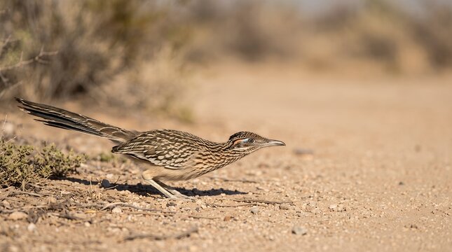 A Greater Roadrunner pauses in a low hunting stance immediately before accelerating toward prey.