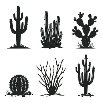 Set of Black Silhouette Desert Cacti and Succulent Plants Isolated on White