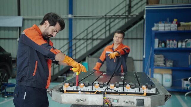 Mechanic man inspecting an electric vehicle battery with a digital tablet in a clean service bay environment