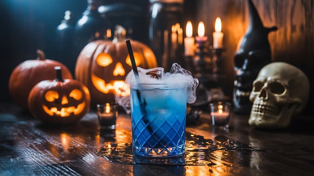 Blue halloween cocktail with ice pumpkins and skull decorations
