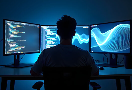 Software developer working with code and data analytics on multiple monitors in dark office