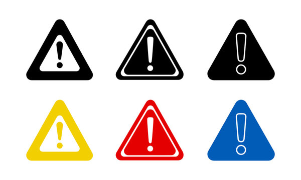 Warning triangle danger icon set, precaution mark in red, blue, yellow colors.