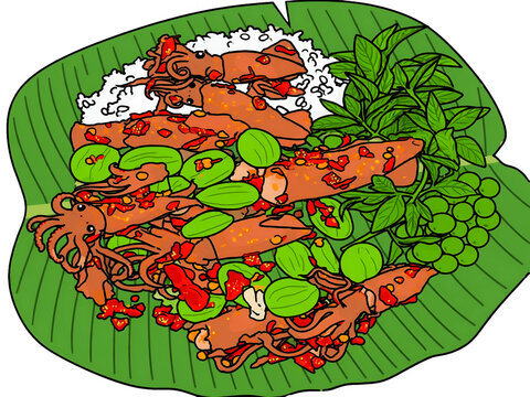 Cartoon illustration of traditional Indonesian meal on big green banana leaf daun pisang. White steamed rice with seven grilled spicy squids cumi sambal balado with red chili flakes, sliced petai stin