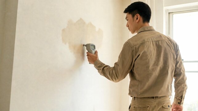 Building inspector checking a damp wall patch with a meter