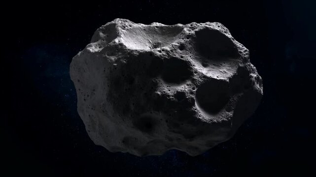 Cratered asteroid rotating slowly in dark outer space. Astronomy education, science documentary, and planetary science presentation.
