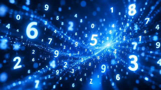 White numbers floating in an abstract blue digital cyberspace, futuristic data streams and glowing technology background