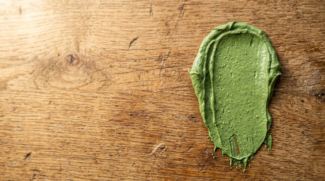 A vibrant green smear of matcha paste is spread across a rustic wooden surface from a top down view