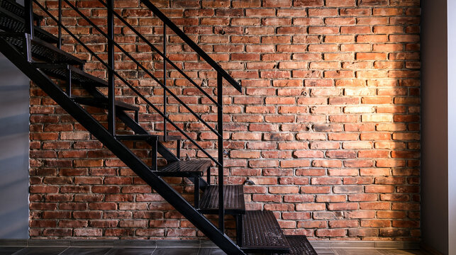 Industrial style metal staircase with perforated treads ascending against a rustic red brick wall. Captures a raw, urban aesthetic with a strong textural contrast