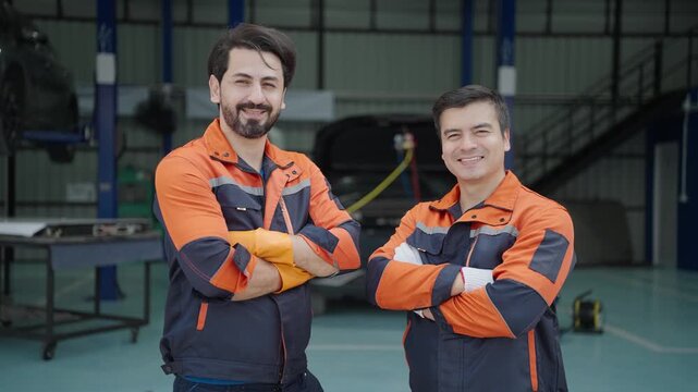 Two mechanics stood with arms akimbo, smiling in front of the car being repaired, ready to serve the customers.