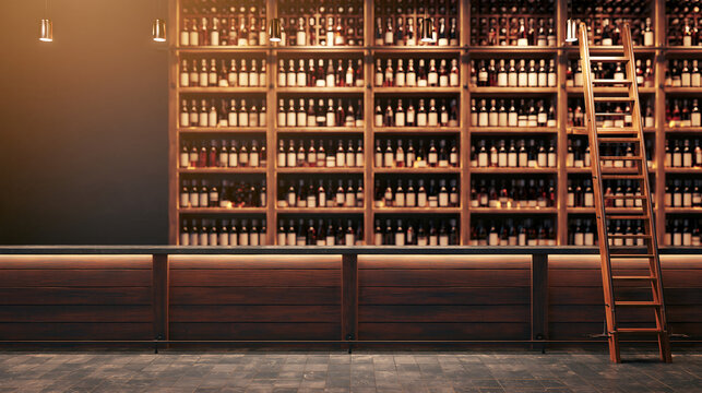 Dark wood bar counter with extensive wine bottle storage on wooden shelves and a tall ladder in a dimly lit, sophisticated wine bar. Ample bottles