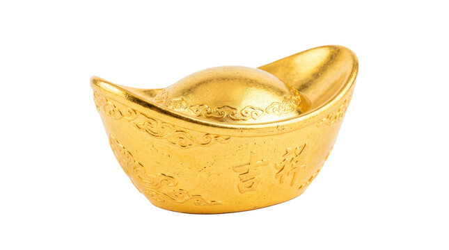 Yuanbao gold ingot, photorealistic traditional Chinese sycee with a polished golden metallic surface, curved boat-like shape, raised center and luxurious reflective finish, three-quarter front view,