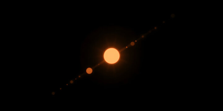 Stellar System Representation: A simplified depiction of a sun and its orbiting planets aligned against a stark black background, illustrating a basic solar system model.