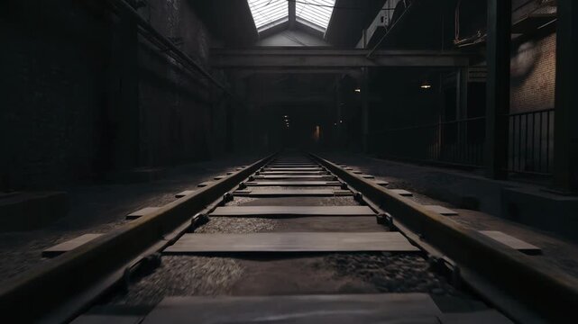 Industrial railway tracks recede through a dim covered rail corridor toward a dark tunnel. Rail transport presentations, logistics and freight advertising.