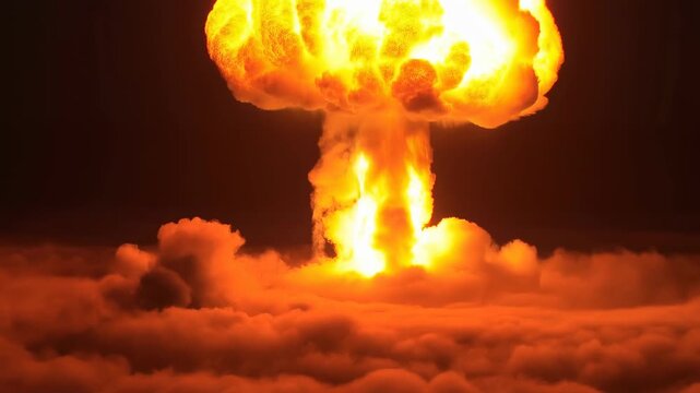 Nuclear explosion expands into a glowing mushroom cloud above a dark smoke-filled sky. Nuclear warfare documentaries, disaster film production, and military conflict storytelling.