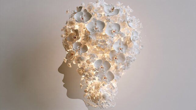 A silhouette of a human head profile filled with glowing white orchids and small delicate flowers, isolated against a plain light grey background, 3D