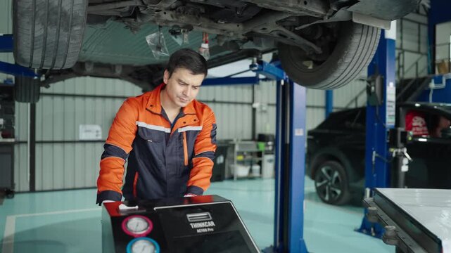 Auto technician wearing insulated gloves repairs high voltage cables under a lifted electric vehicle in a service bay, emphasizing safety and precision during maintenance.