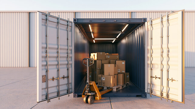 Open shipping container filled with cardboard boxes and pallet, yellow pallet jack inside, ready for cargo loading at warehouse exterior, logistics and transport concept, freight storage