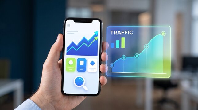 Mobile phone displaying graph of increasing traffic for business analytics and marketing