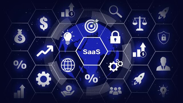 Dynamic saas software as a service concept with digital global network financial growth charts, cybersecurity locks, and innovative business strategy symbols on a futuristic dark blue hexagonal grid