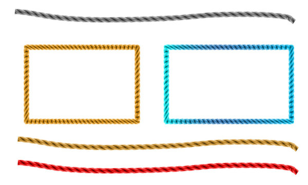 Colorful Twisted Rope Frames and Lines Vector Set - Nautical Cord Borders ,A collection of twisted rope design elements featuring rectangular frames and horizontal line borders in various colors.