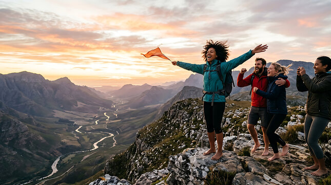 Two hikers celebrating a mountain summit at sunrise with arms raised.