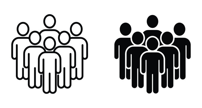 People group icon set with outline and solid silhouette styles representing team community workforce crowd assembly partnership and social connection