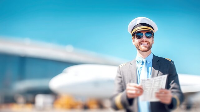 Pilot in uniform smiling near airplane, holding flight itinerary, clear blue sky, professional aviation concept, travel and aviation industry