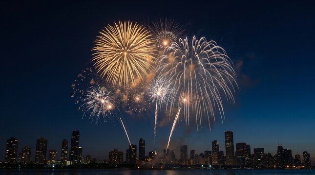 Stunning golden and white fireworks illuminating the night sky above a glowing city skyline during a festive celebration