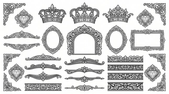 Baroque and roccoco ornamental elements vector set. Featuring royal crowns diamond medallions ornate picture frames and decorative corner borders. Elegant vintage design assets for branding