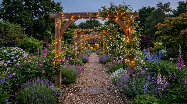 Charming garden pathway lined with string lights and blooming flowers creates a serene evening ambiance