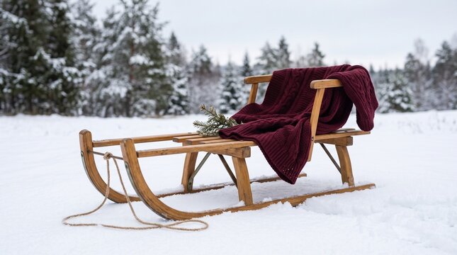 Vintage wooden sled with a cozy red knitted blanket sitting in a snowy winter landscape with pine trees
