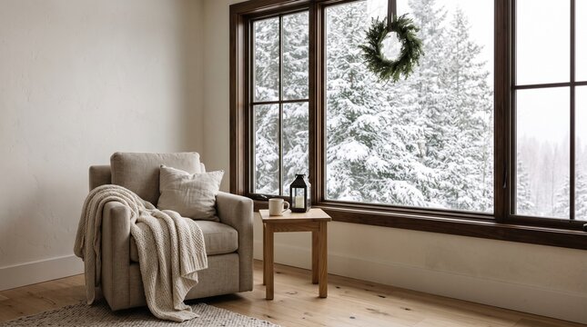 Cozy Living Room Interior with Comfortable Armchair, Warm Blanket, and Snowy Forest View