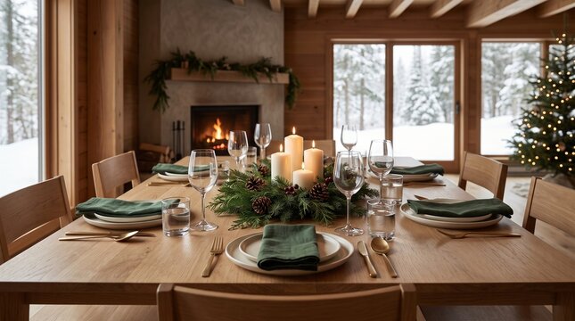 Cozy Christmas Dinner Table Set in a Rustic Wooden Chalet with Snowy Winter View Outside