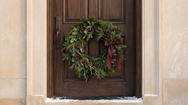 Christmas wreath hanging on a dark wooden front door during the winter season holidays