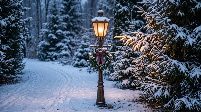 Glowing street lamp in a snowy winter forest with a winding path through snow-covered trees