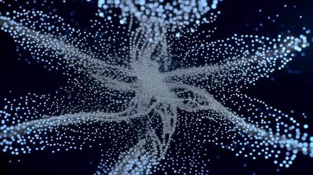 Abstract blue and white particles form a flowing starburst pattern before dispersing into glowing digital streams against a dark background in futuristic motion graphics