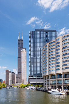 Vibrant sunny view of Chicago downtown skyline under a blue sky