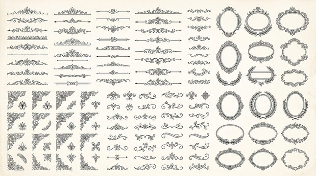 Vintage ornamental borders and scrollwork vector collection. Featuring decorative corners elegant flourishes calligraphic dividers and ornate frames. Classic retro graphics for invitations