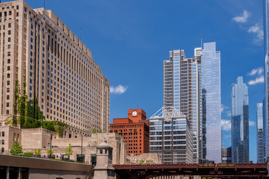 Vibrant sunny view of Chicago downtown skyline under a blue sky