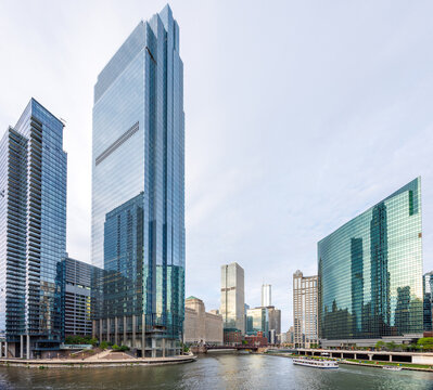 Vibrant sunny view of Chicago downtown skyline under a blue sky