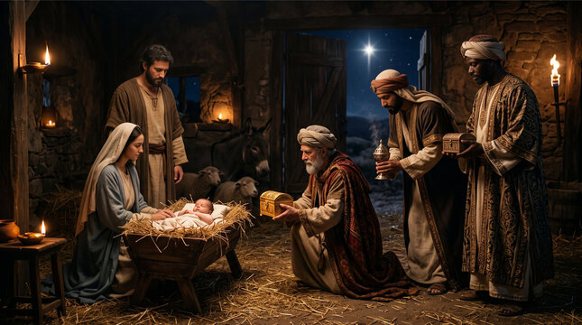 The Three Wise Men presenting gifts to Baby Jesus and the Holy Family in the nativity stable