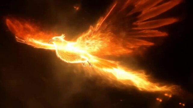 Fiery phoenix bird flying through a dark atmospheric space with trailing flames and glowing embers. Fantasy film titles, game cinematics, and mythology education.