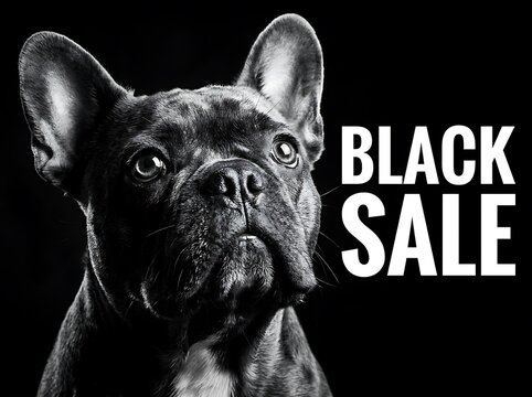 French bulldog portrait with black and white sale promotional text on a dark background